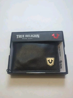 Nueva Cartera True Religion Para Hombre Cuero Genuino Negra Doble Plegable RFID Metal Logo  Foto 1 de 4