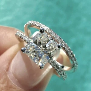 Wedding Ring Set 3.10Ct Cushion Cut Diamond 14k White Gold Simulated in Size 9.5 - Picture 1 of 3