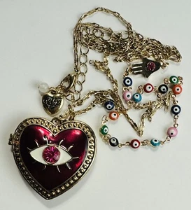 Betsey Johnson Evil Eye Rhinestone Heart Locket Necklace - Picture 1 of 10