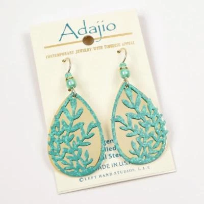 Adajio Earrings Mint Green Leaf Branches with Shiny Gold Plated Background 7873 - Image 1 of 4