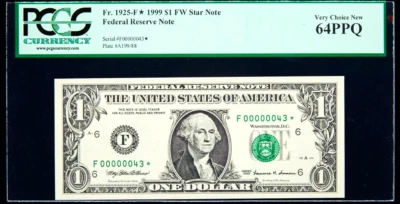   00000043* Star note  rare $1 graded PCGS 64 PPQ TWO DIGIT Uncirculated - Image 1 of 2