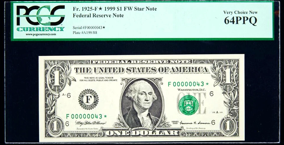   00000043* Star note  rare $1 graded PCGS 64 PPQ TWO DIGIT Uncirculated - Image 1 of 2