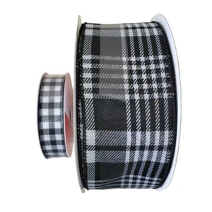 (2) Schwarz & Weiß Gingham Tartan Karo Drahtband 100% Polyester NEU - Bild 1 von 3