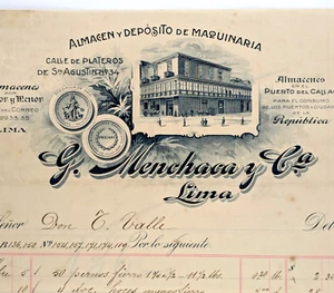 Lima Perú Billhead G Menchaca & Co almacén y depósito de maquinaria 1900 - Imagen 1 de 5