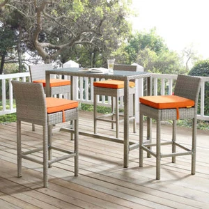 Modway Conduit Bar Stool Outdoor Patio Wicker Rattan Set of 4, Light Gray Beige - Picture 1 of 61