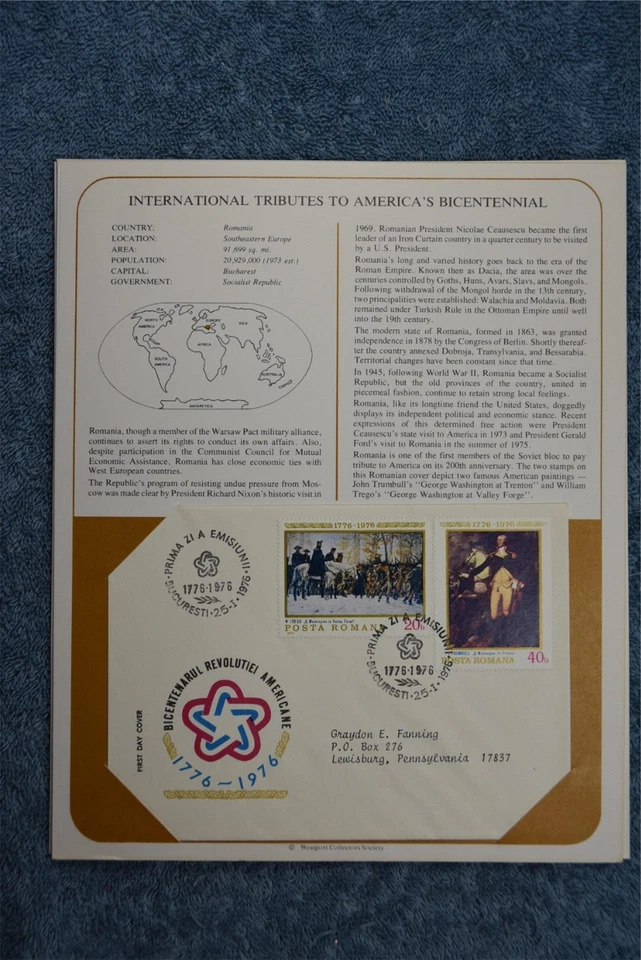 1975 Tributes to America's Bicentennial Souvenir Card - Romania - Image 1 of 1