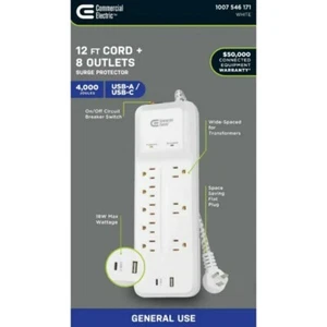 COMMERCIAL ELECTRIC 12 ft. Braided Cord 8-Outlet Surge Protector USB USB-C white - Picture 1 of 3