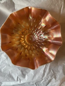 Antique Dugan Peach Opal Carnival Glass Raindrops 10 Crimp Footed Bowl - Picture 1 of 5