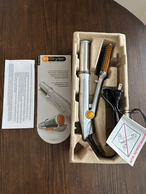 InStyler Rotating Iron Hair Brush Curling Tool IS1001 Silver Straighten Curl - Image 1 of 4