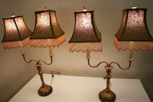 A Pair of Pretty Two-Arm Gilt Metal Tyndale Table Lamps Hand Embroidered Shades - Picture 1 of 24