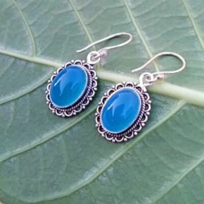 Lush Acqua Calcedonio Gemma 925 Argento Sterling Fatto a Mano Orecchino S-41 - Immagine 1 di 4