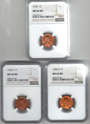 1945 P, D, AND S Lincoln Cents graded MS 66 RED by NGC. ALL 3 FOR ONE BID  stk 0 - Image 1 of 2