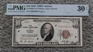 1929 Atlanta FRBN $10 Bank Note Fr. 1860-F PMG 30 EPQ Federal Reserve - Picture 1 of 2