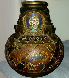 * RARE FIND* 3 HANDLED ANTIQUE JAPANESE BRONZE CLOISONNE CHAMPLEVE URN VASE - Picture 1 of 10
