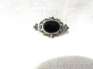 Vintage Sterling Silver Onyx & Marcasite Pin Brooch Art Nuevo Style Lock Clasp  - Picture 1 of 3