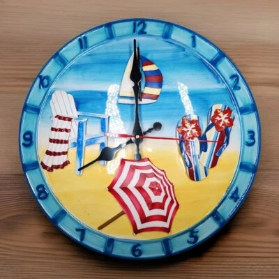 "Reloj de pared de cerámica único de 12"" 3D escena de playa paraguas velero con nuevo como nuevo" Foto 1 de 4