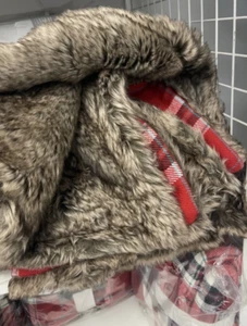 Martha Stewart 50" x 60" Luxe Flannel & Faux Fur Throw Blanket Red Plaid & Brown - Picture 1 of 11