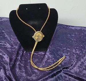 Vtg Bolo Tie Polished Stone Gold Tone Beaded  Frame Gold Cord Western Assessory - Picture 1 of 9