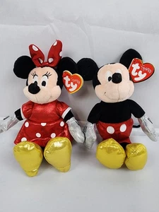 2016 NWT Disney TY Sparkle Minnie & Mickey Mouse plush bean bag BEANIES - Picture 1 of 3