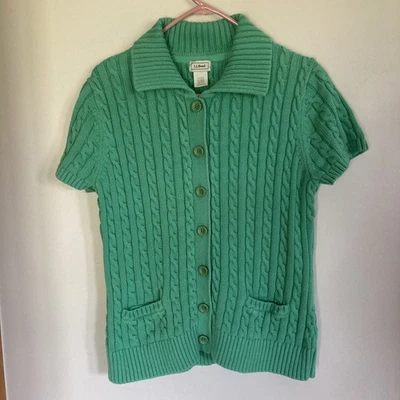L.L. Bean Women's S/S Cable-Knit Cardigan Sweater; Green; 100% Cotton; Size XL - Image 1 of 4