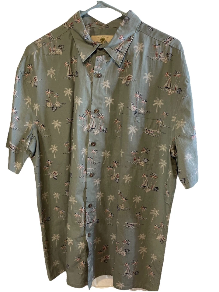 Camisa Hawaiana Island Shores Para Hombre L Verde Barco Palmeras Piña De Colección Foto 1 de 4
