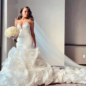 V Neck Mermaid Ruffles Wedding Dresses Sexy Sleeveless Bridal Gowns Custom Made - Picture 1 of 6