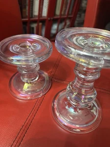 Set Of 2 Krosno Poland Iridescent Glass Pedestal Candle Holder - Picture 1 of 9