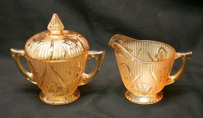 Antigo Jeannette Iris & Herringbone Carnaval Vidro Creamer & Sugar Bowl Exc. Cond - Imagem 1 de 4