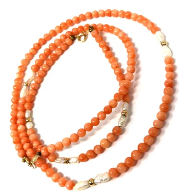 Angel Skin Coral Set - Necklace 18 in & Bracelet 7 in Beaded 14k Gold Rice Pearl - Image 1 of 4