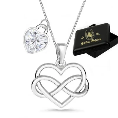 Herz Unendlichkeit Zirkonia Weiß Anhänger Hals Kette 925 Sterling Silber Damen - Bild 1 von 2