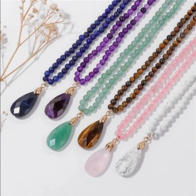 Crystal Quartz Faceted Stone Pendants Amethyst Stone Round Beads Chain Necklace - Image 1 of 4