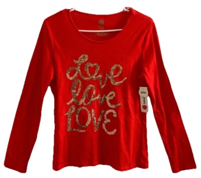 Total Girls Top Rojo Talla 18 Plus Algodón Pullover Manga Larga Love Lentejuelas Gráfico Foto 1 de 4