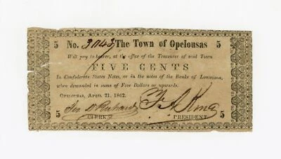 1862 5c The Town of Opelousas, LOUISIANA Note - CIVIL WAR Era - Image 1 of 2
