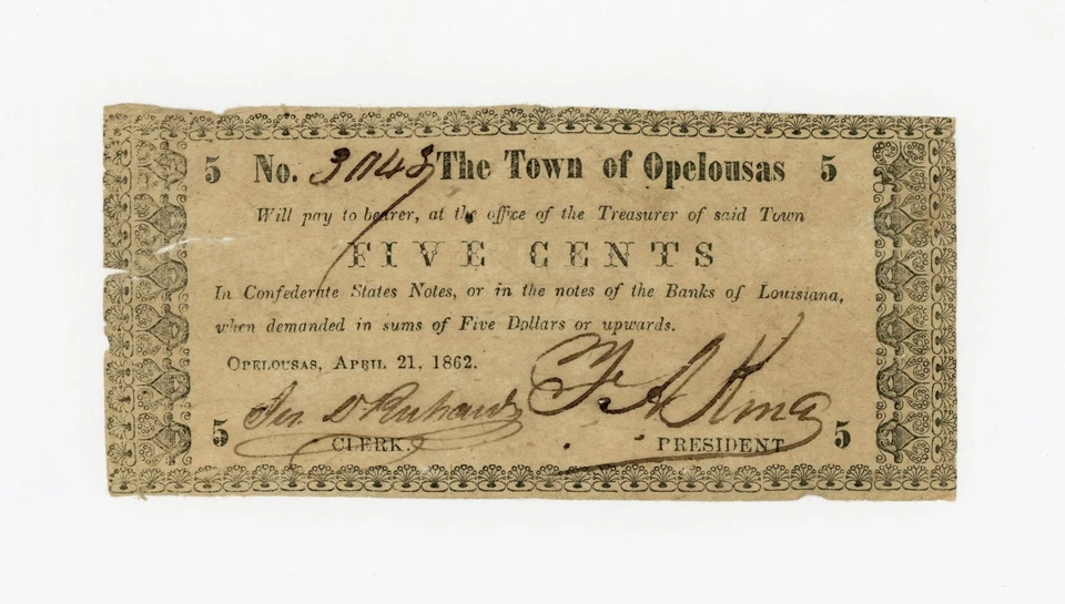 1862 5c The Town of Opelousas, LOUISIANA Note - CIVIL WAR Era - Image 1 of 2