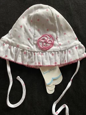 Kissy Kissy Nuevo con Etiquetas Pima Blanco/Rosa/Gris Lunares Borde Crochet Sombrero para el Sol Lg 9-12 Mos Foto 1 de 4
