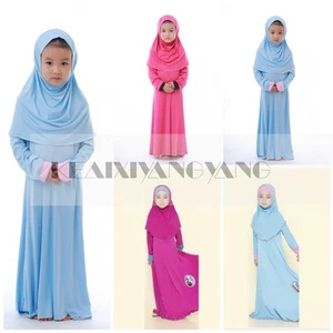 Muslim Kids Girls Long Dress+Hijab Islamic Prayer Kaftan - Picture 1 of 20