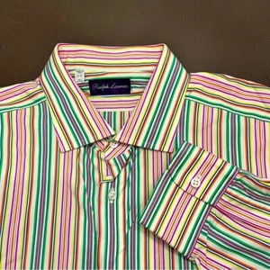 Camicia Ralph Lauren Viola Etichetta Bottone L/S 17,5 Italia Multicolore Arcobaleno - Foto 1 di 8