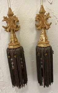 Zwei elegante Dekorateur Quasten im viktorianischen Stil gold, salbeigrün, Perlen, Ornamente - Bild 1 von 6