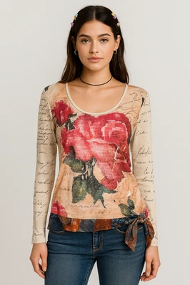 Desigual NWT Whimsygoth Y2K VTG Rose Sheer Print Multicolor Chic Longsleeve - Image 1 of 4