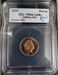 2000 PROOF PENNY GIBRALTAR ICG PR64 CAM “ Rotated Dies” Mint Error RARE - Picture 1 of 2
