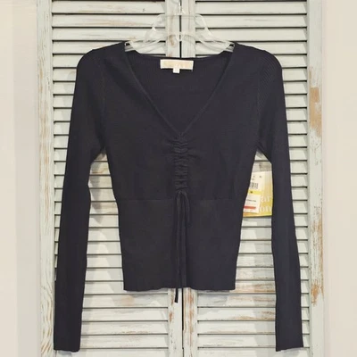 САХАРНАЯ ЛУНА ГАЛСТУК СПЕРЕДИ РЮШ РЕБРО ВЯЗАНЫЙ ВЕРХНИЙ размер M черный офис сирена Bikercore новый с Ярлыками - Изображение 1 из 4