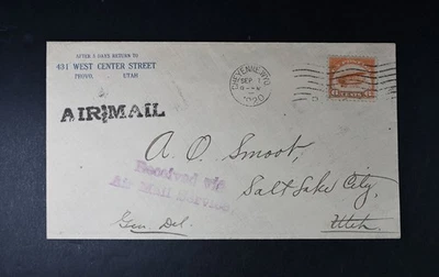 1920 Early Airmail Cover Scott # C1 Used Stamp Cheyenne WY to Utah VF Cover - Image 1 of 2