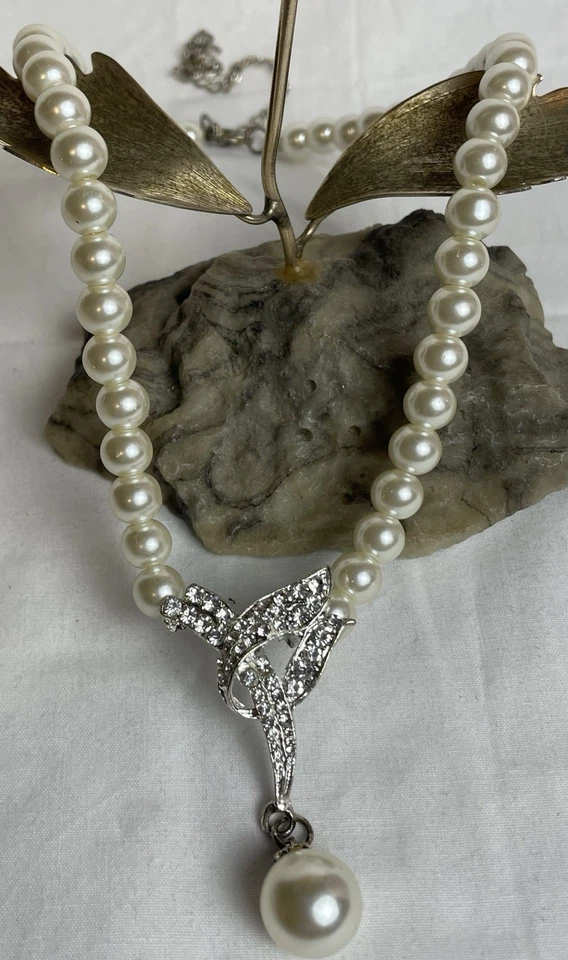 80 年代人造珍珠声明项链项链水钻吊坠 — 第 1/4 张图片