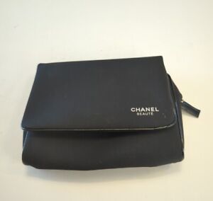 Chanel Beaute Mirrored Zipper Cosmetics Makeup Bag Black Nylon White Lettering 