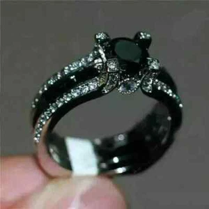 2Ct Round Cut Lab Created Black Diamond Engagement Ring 14K White Gold Plated - Picture 1 of 3