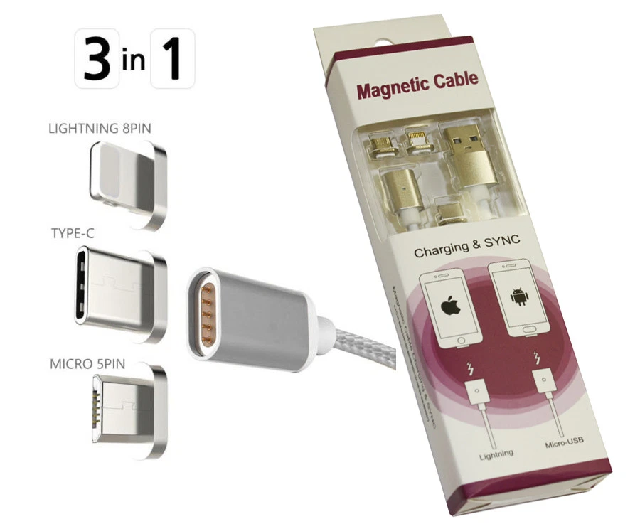 3 in 1 Magnetic USB Type-C Data Charging Charger Cable for iPhone Android USB-C - Image 1 of 1