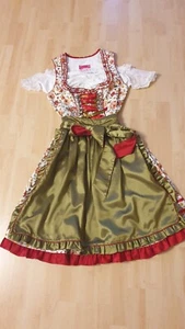 wie NEU Dirndl Trachten Kleid mit Bluse Schürze Gr.38/40 moosgrün/rot Röschen g - Bild 1 von 4