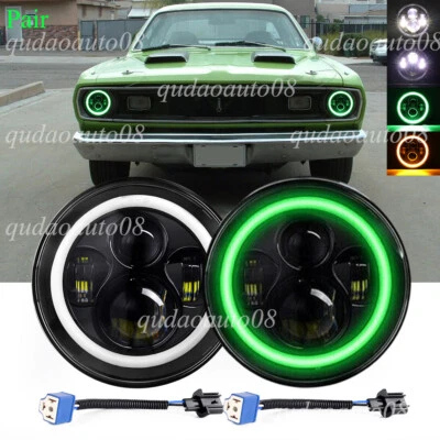 Fit Plymouth Duster 340 1970-1975 Green Halo 7" inch Round LED Headlights Hi/Lo - Image 1 of 4