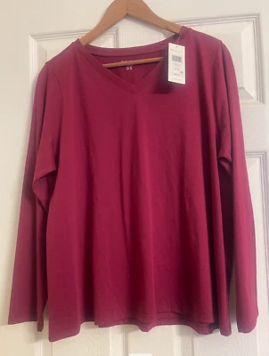NUEVO CON ETIQUETAS $78 Camiseta Eileen Fisher Frambuesa Algodón Orgánico Cuello en V Camiseta L/S XL Foto 1 de 4