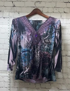 B.L.E.U. Bleu Damen Shirt Oberteil Tunika Langarm Paisley Strass mehrfarbig - Bild 1 von 7